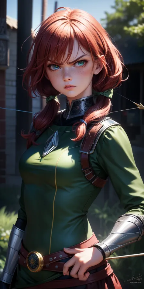 best quality, ultra high resolution, (photorealistic), anime character, 8k resolution, girl, medieval, light armor, wood detail (archer), short red hair, (ultra realistic hair), (ultra realistic eyes), (beautiful face) super detailed, beautiful eyes, beaut...