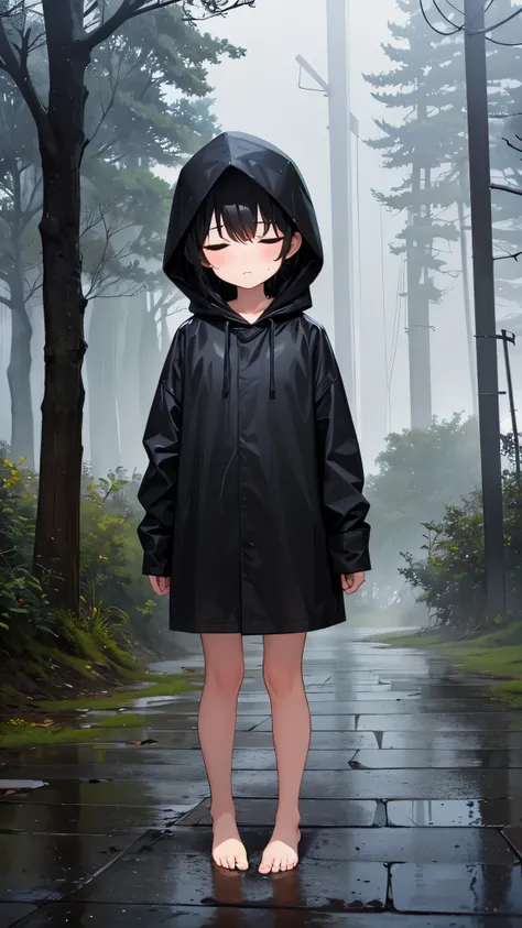 Little child girl 1,Short Hair,Black Hair,blush,Wear a black hood,Raincoat,Wet,Close your eyes,Stand up,barefoot,forest,rain,cloudy,fog,