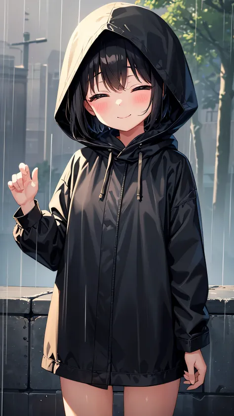 Little child girl 1,Short Hair,Black Hair,blush,smile,Wear a black hood,Raincoat,Wet,Close your eyes,Stand up,forest,rain,cloudy,fog,Cowboy Shot,