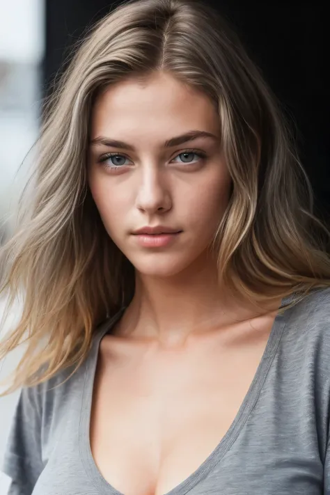  photo of a 20 years old, Finnish, blonde hair, (((perfect supermodel face))), ((grey eyes)) ,, t-shirt with cleavage, standing, , close up face and tits, ((super realistic picture, iphone picture))