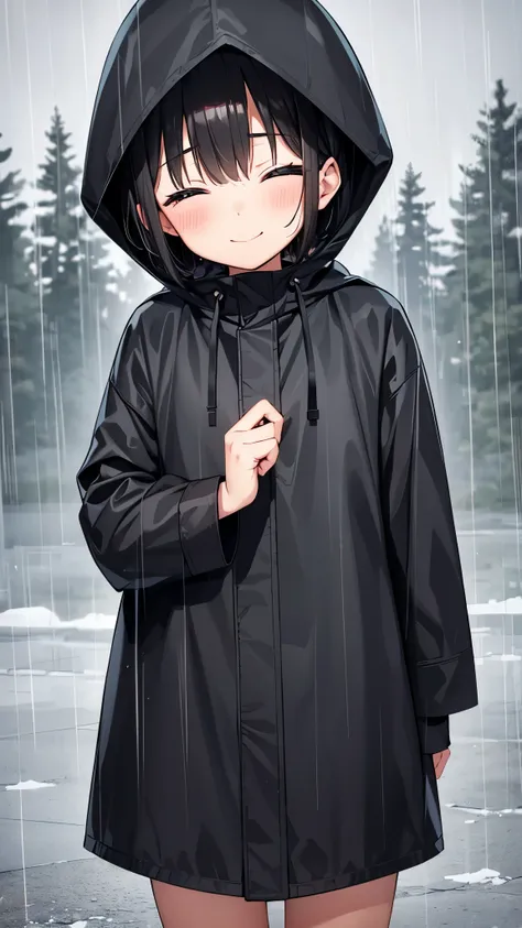 Little child girl 1,Short Hair,Black Hair,blush,smile,Wear a black hood,Raincoat,Wet,Close your eyes,Stand up,forest,rain,cloudy,fog,Cowboy Shot,