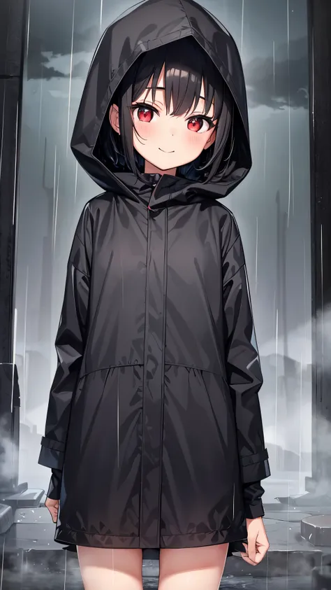 Little child girl 1,Short Hair,Black Hair,blush,smile,Wear a black hood,Raincoat,Wet,Red eyes,Stand up,forest,rain,cloudy,fog,Cowboy Shot,