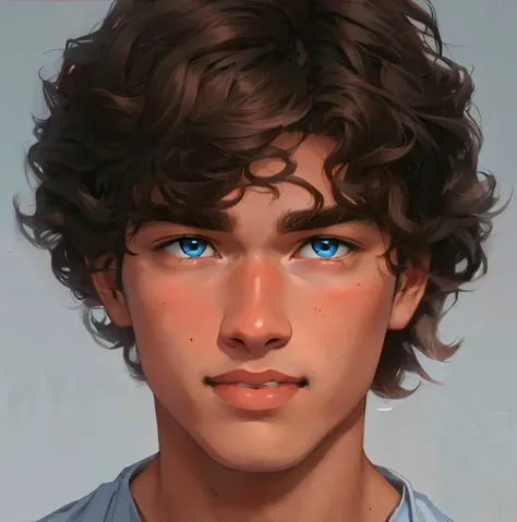 a young boy, light baby blue eyes, curly brown hair, big red full mouth, tanned skin, cute, thin face