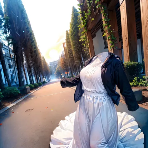 1girl, (invisible:1.5, no humans:1.5, headless:1.5, faceless:1.5), aafern, large breasts, long dress, white dress, black robe, long sleeves, (close-up shot of breasts), (8k, RAW photo, best quality, masterpiece:1.2), (realistic, photo-realistic:1.37), phot...