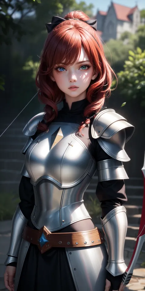 best quality, ultra high resolution, (photorealistic), anime character, 8k resolution, girl, medieval, light armor, wood detail (archer), short red hair, (ultra realistic hair), (ultra realistic eyes), (beautiful face) super detailed, beautiful eyes, beaut...