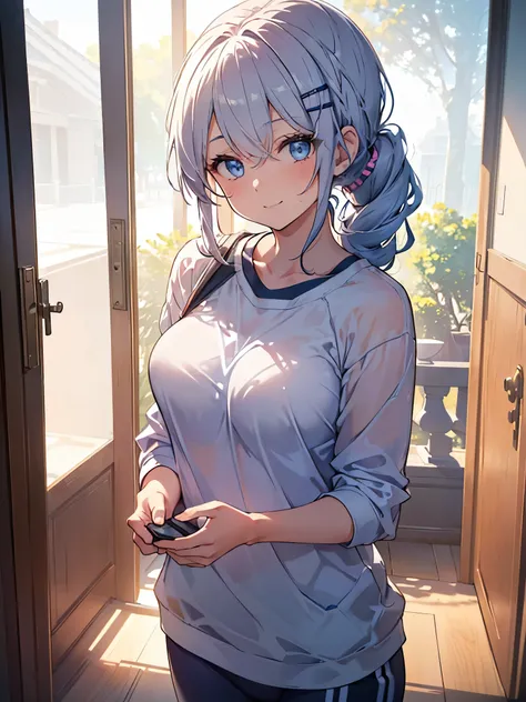 One Girl, Curly Ponytail, smile, blue eyes, Peek into,Wear sportswear, (entrance）, (（morning）), masterpiece, 8k, Perfect lighting, The perfect outfit, Perfect Anatomy, Sharp resolution, Shallow depth of field, Soft Shadows, Casual and relaxed atmosphere, N...