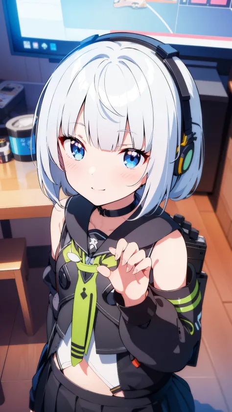 solo girl  rgb ray tracing gaming room les neon gaming pc gaming ray tracing vtuber nekomimi white hair blue eyes school uniform navy 1 girl, High resolution, long hair, blush, smile, perfect body anatomy perfect perfect hands