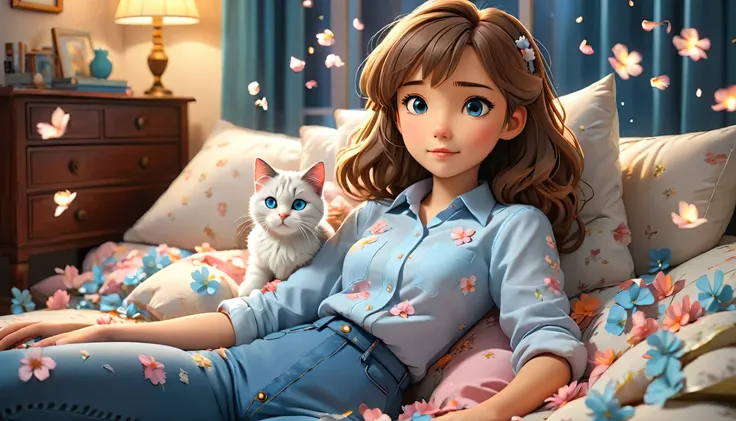 "((Lo-Fi drawing styles:1.5)), A heartwarming, highly detailed 3D-rendered illustration of a young woman in an anime style, relaxing in a living room covered in magical flower petals, wearing a classic white button-up shirt tucked into light blue high-wais...