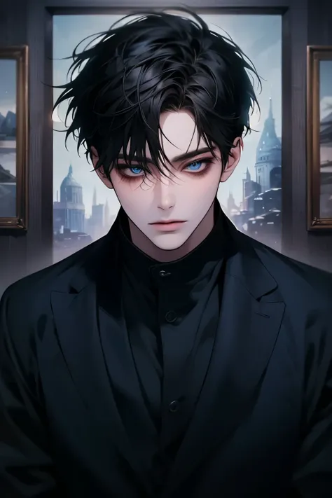 High quality, painting, pixiv illustration, Beautiful 40 year old man, black hair,blue eyes, short hair, white shirt,black pants, detaol beautiful room, beautiful face,cowboy shot,고해상도, 걸작, 높은 디테일, 고화질 모델, 