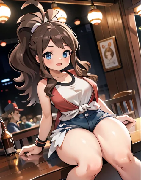 (best quality, highres, masterpiece:1.2), ultra-detailed, realistic:1.37, sketches, hilda pokemon, def1, teenage girl, sitting on her knees, curvy, visible thighs, chubby thighs, thick thighs, thighs in the foreground, body shape, in a bar, curious look, p...