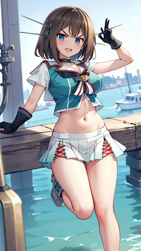 best quality, integrated scenery, integrated background, extremely delicate and beautiful, meticulous details, good composition, , cute face, perfect face, perfect hands,an anime style ,1young_teen_ girl, brown_hair, medium_bob_hair, blue_midriff_baring_s...