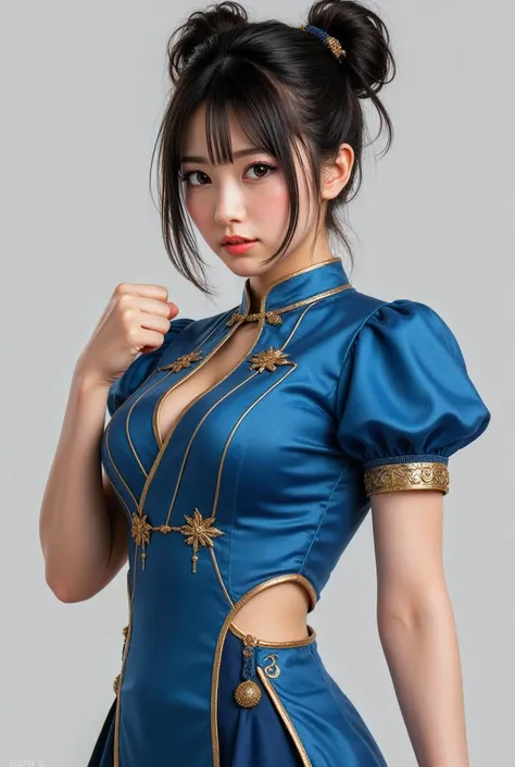 Chun-Li from Street Fight II,perfect chun li costume,Blue cheongsam with gold lines,Bun head,bun cover,fighting pose,masterpiece、1 beautiful girl、fine eyes、puffy eyes、highest quality, 超High resolution, (reality: 1.4), movie lighting、Japanese、asian beauty、K...