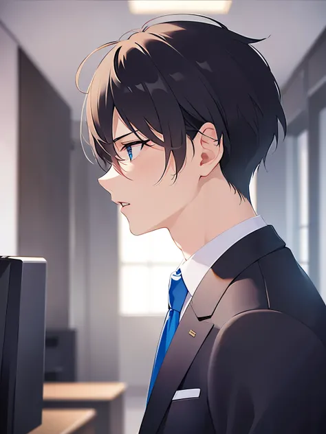 (looking away:1.5),side angle,upper body,
shiny skin, masterpiece、Best Quality、(25-year-old male:1.5) and (Black short hair) and (blue eyes),
 (Wearing a suit:1.5) and (Blue tie)、
worried,open mouth,
The background is the conference room、（alone:1.5）