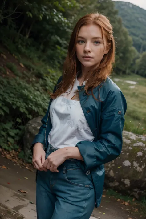 ((meilleure qualité)), ((chef-dœuvre)), 1fille, réaliste, ginger hair, hazel hair, hiking, freckles skin, closed mouth, little nose, piercing on nose, green eyes, wear a waterproof coat, blue jean pant, hiking shoes, wide resolution