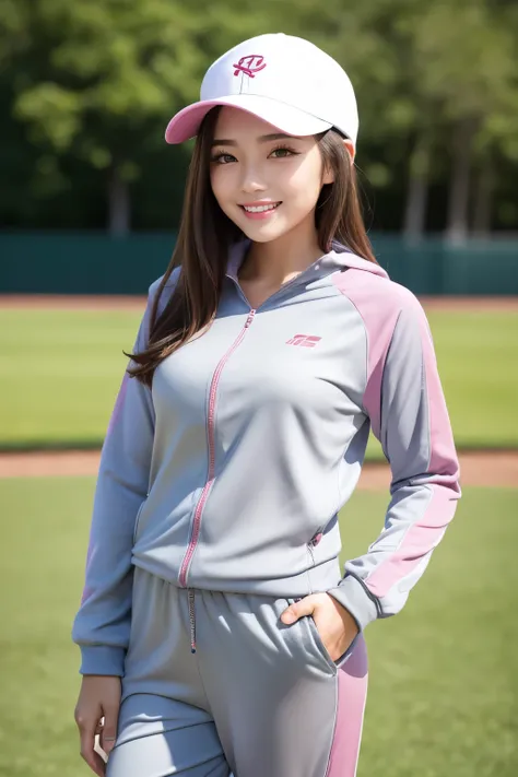 (Highest quality、Tabletop、8K、Best image quality、Award-winning works)、Cute Woman、(plain baseball cap:1.1)、(Open track suit:1.1)、(Stylish pink and grey tracksuit:1.1)、Biggest Smile、Girl portrait photography、Glowing Skin、Standing Elegantly、(Blurred grass back...