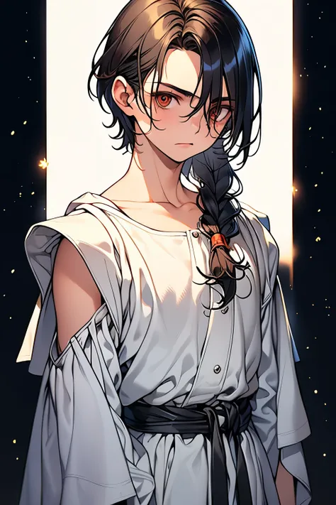 ((Best Quality)), ((masterpiece)), ((upper body)),One Boy,,Young,Swordsman,Dark brown,Shoulder-length hair,Droopy eyes,Big Eyes,Round eyes,Quiet boy,A kind expression,(Standing posture),Facing forward,Looking at the camera,(white background),(shoot from fr...