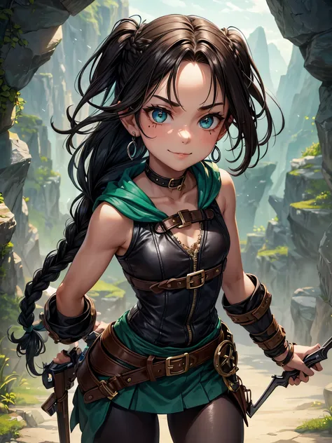 FULL body image a petite, athletic half-dwarf, half-human rogue standing just under four feet tall. She has a heart-shaped face with expressive eyes that shift between emerald green and stormy gray. Her dark brown, tousled hair falls in layers, often frami...