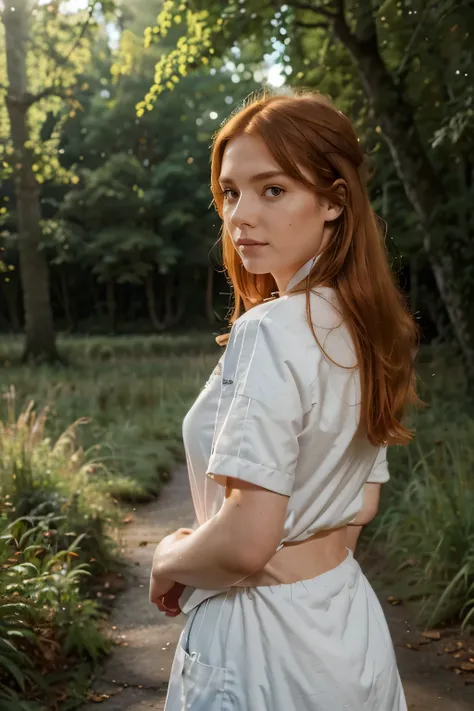 ((meilleure qualité)), ((chef-dœuvre)), 1fille, réaliste, ginger hair, hazel hair, freckles skin, closed mouth, little nose, green eyes, wear a white pull, in front of a forest, large resolution, seen from her back