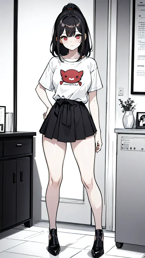 Using pantimedias, Waist length wavy black hair, penetrating gaze with deep red eyes, average height, waist-length black hair, Silky hair with a ponytail hairstyle gathered with a red bow with two white lines, has a vagina, has breasts, breast cup to, smal...