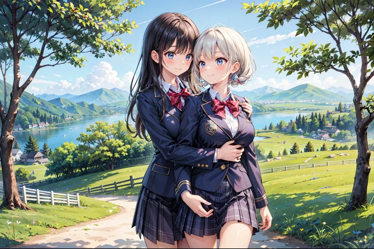 (((Masterpiece, 16k, Highest quality, Ultra-high resolution, Depth of subject))), ((Very detailed, Japanese countryside scenery)), (((High school girl in blazer uniform, 2 people, skirt, Big Breasts))), ((Beautiful girl in great detail)), (((Very accurate ...