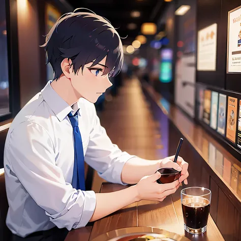 (looking away:1.5),side angle,upper body, shiny skin, masterpiece、Best Quality、(25-year-old male:1.5) and (Black short hair) and (blue eyes), (Wearing a suit:1.5) and (Blue tie)、 serious、The background is the interior of an izakaya at night.、(alone:1.5)、Dr...