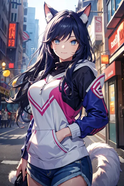 Ahri wearing a casual light grey hoodie,short jeans, beautiful detailed eyes, smiling face, longeyelashes, her tails forming a heart shape behind her, standing on a sidewalk, sun shining, vivid colors, photo-realistic, portraits, medium:illustration. (best...