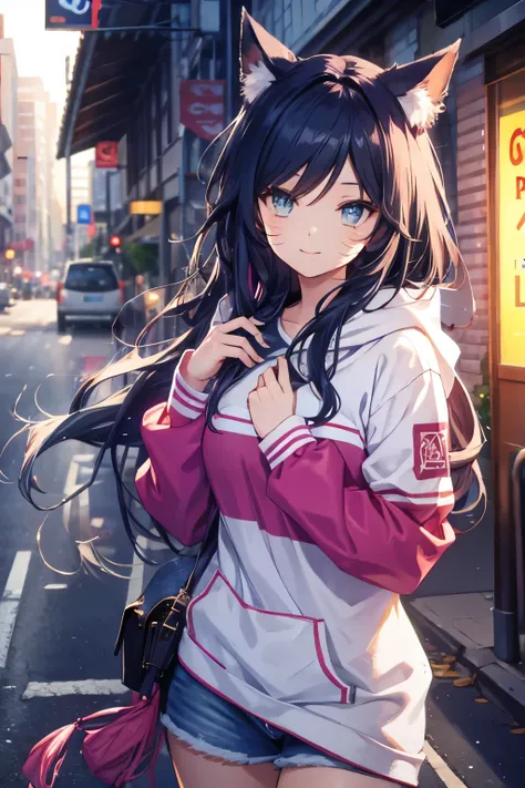 Ahri wearing a casual light grey hoodie,short jeans, beautiful detailed eyes, smiling face, longeyelashes, her tails forming a heart shape behind her, standing on a sidewalk, sun shining, vivid colors, photo-realistic, portraits, medium:illustration. (best...