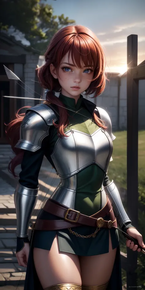 best quality, ultra high resolution, (photorealistic), anime character, 8k resolution, girl, medieval, light armor, wood detail (archer), short red hair, (ultra realistic hair), (ultra realistic eyes), (beautiful face) super detailed, beautiful eyes, beaut...