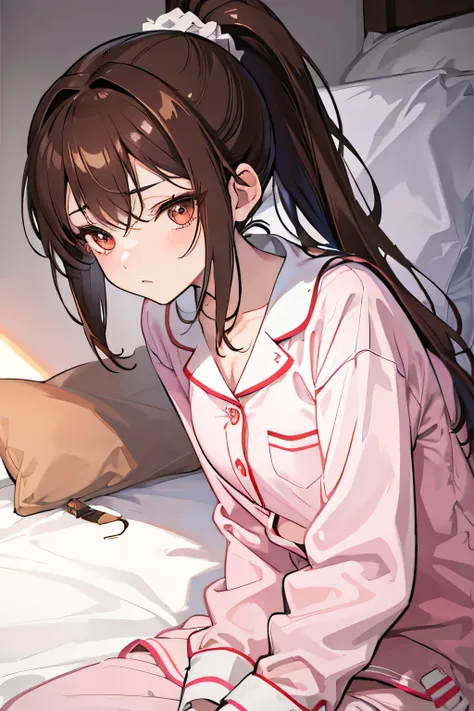 bed,Looks sleepy,pajamas,Brown Hair,ponytail,Cute Girls, whole body,anime ,Ultra-high resolution, Anatomically correct, Textured Skin, retina, masterpiece, Anatomically correct, Textured Skin, Super detailed, Attention to detail, High image quality