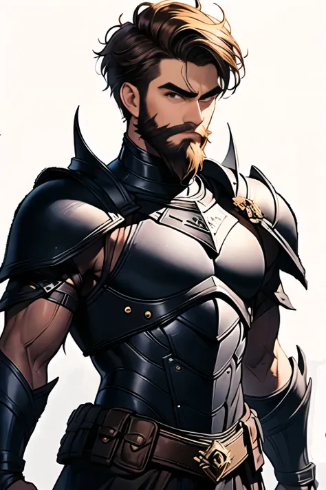 ((Best Quality)), ((masterpiece)), ((upper body)),(detailed),One man,Shortcuts,Short cut,Well-built,28 years old,Warrior,Brown Hair,Thick eyebrows,Narrow eyes,Intimidating,Standing posture,Looking at the camera,Gate-shaped beard,(Front view),(white backgro...