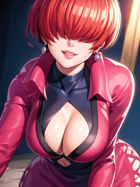 black and thunder background,
Red outfit,Red jacket,choker, cleavage cutout, clothing cutout, 
earrings,close mouth,
Red hair,bangs,((hair over eyes)),
1 girl, 20yo,Young female,upper body,Beautiful body,Beautiful Nose,Beautiful character design, evil face...