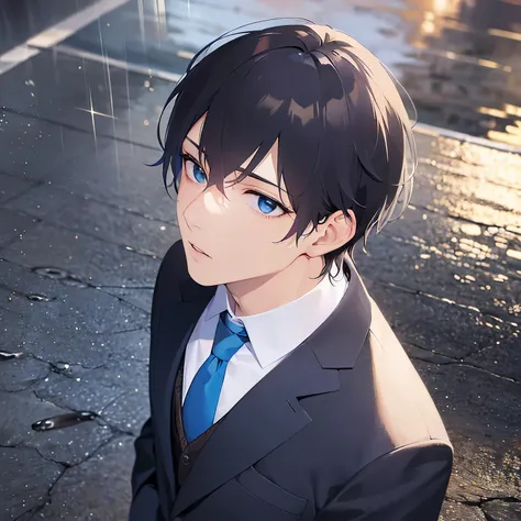 (looking up:1.5),upper body,
shiny skin, masterpiece、Best Quality、(25-year-old male:1.5) and (Black short hair) and (blue eyes),
 (Wearing a suit:1.5) and (Blue tie)、
open mouth,
(alone:1.5)、
Residential Background, cityscape, rain, mist, water,puddle,spla...