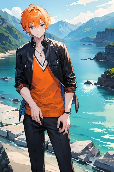 Young man, orange short hair, blue eyes, modern style, handsome man, slang, cool boy, in beautiful natural scenery