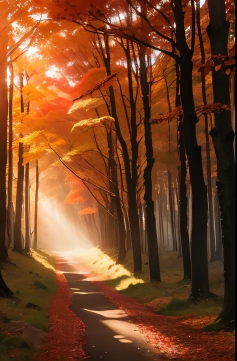 a forest with red leaves and sunbeams shining through the trees, beautiful light rays, autumn sunlights, sun rays through the trees, sun rays through trees, beautiful backlit, amazing light, beautiful backlight, red forest, forest ray light, glowing forest...