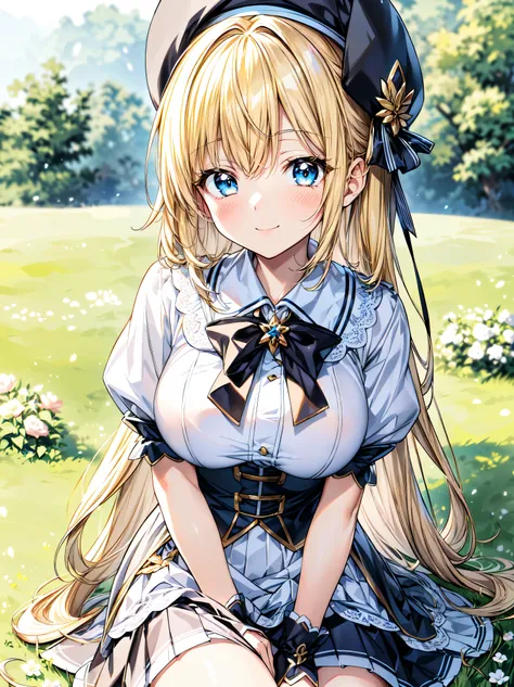 ((Ultra HD)), ((Super detailed)), ((Best Quality)), Blonde, ((Asymmetrical bangs)), KAWAII, happy smile, Big Breasts, breasts focus, Beret, Pleated mini skirt with lace, White Wizard, looking at viewer, from above, leaning forward, on grassland, (((Complet...