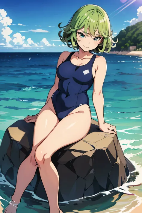 One girl, solo, High resolution, Tatsumaki/One Punch Man,Chibi Character、Navy blue school swimsuit、smug face、