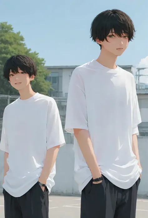  male、Two men、high school student、T-Shirts、Jersey、Standing posture、whole body、Black Hair、Summer sunshine