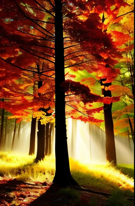 a forest with red leaves and sunbeams shining through the trees, a picture by Eugeniusz Zak, flickr, light and space, beautiful light rays, sun rays through the trees, autumn sunlights, sun rays through trees, beautiful backlit, amazing light, beautiful ba...