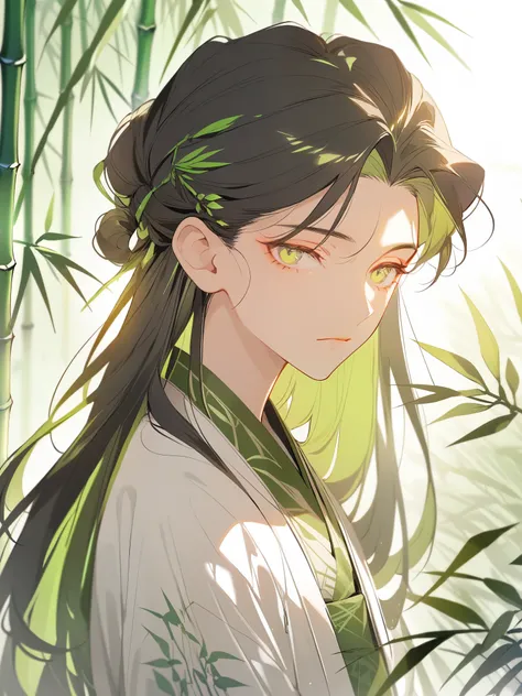 1 Ancient Style Boy，Beautiful face，Exquisite facial features，Middle-parted long hair，black hair，With green hairpin，Cool temperament，White clothes，Bamboo pattern decoration，Background light green landscape，Half figure，Light and Shadow，Bright and clear color