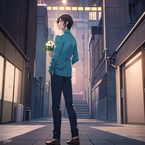 Upper body back photo,(masterpiece:1.2), Best quality,((((high resolution)))), unity 8k wallpaper，A boy holding jasmine flowers，Back, Short black hair, Anime style, Standing in the dark ，Very sad atmosphere，