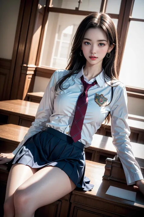 ((Girl lying on desk in classroom))、Top quality work、Actual Work、Ultra Premium Graphics、8K HD CG Works、High Quality Graphics、High resolution CG work、10x pixels、extremely fine details:1. 1、Advanced technical details:1.1 Photorealistic、Natural Light:1.5、Ligh...