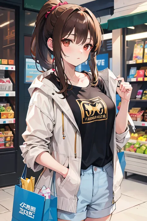 shopping,Casual clothes,Brown Hair,ponytail,Cute Girls, whole body,anime ,Ultra-high resolution, Anatomically correct, Textured Skin, retina, masterpiece, Anatomically correct, Textured Skin, Super detailed, Attention to detail, High image quality