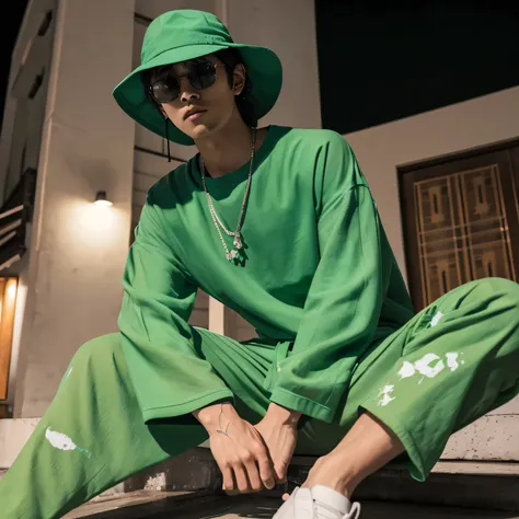 A scene of a cool Japanese man sitting on a gorgeous, deep, pure white sofa on the roof of a building at night, crossing his legs and holding his face with both hands.
The man is wearing sunglasses.
Half of his face has green paint art on it.
The man is we...