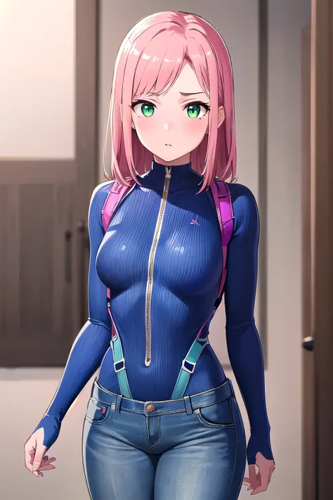 1girl,Samus aran,solo,green eyes, pink hair, forehead   hair, zero suit,white body suit,purple stripes, Jeans, cowboy shot,blush,,Science fiction,ultra-detailed,sharp focus,aesthetic,(best quality), Halloween Background, (ultra definition paint:1.2), sapph...