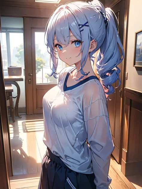 One Girl, Curly Ponytail, smile, blue eyes, Peek into,Wear sportswear, (entrance）, (（morning）), masterpiece, 8k, Perfect lighting, The perfect outfit, Perfect Anatomy, Sharp resolution, Shallow depth of field, Soft Shadows, Casual and relaxed atmosphere, N...