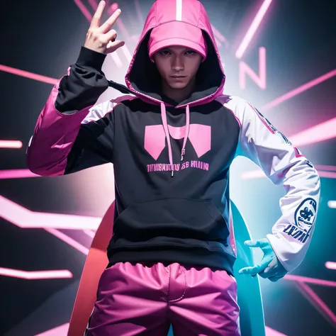 The mans face is half human, half AI robot.
The man hides his face with both hands.
The man has his hood pulled down low.
He is wearing a long shirt with a colorful logo design and stylish, cool pink long pants.

(High quality). (High resolution). (Actual ...