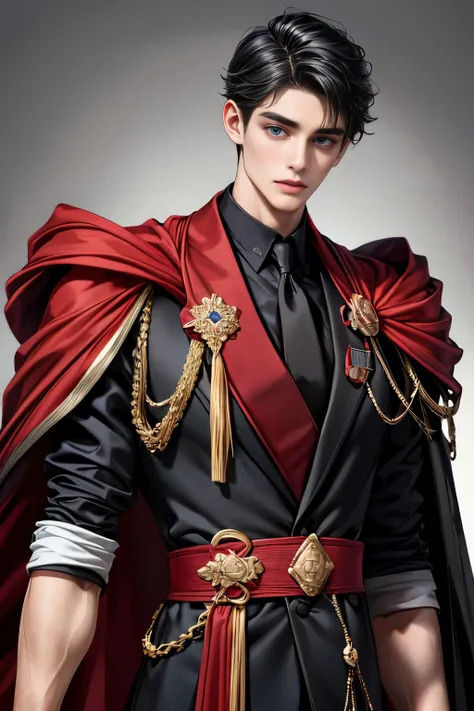 masterpiece, 最High image quality, High image quality, 1. Boy, Alone, Focus on men, Upper Body,Watching the audience, Untidy black hair, Adorable big blue eyes, white, Noble, Noble,Very voluminous with a sexy, high stand-up collar, big, very big, very big, ...