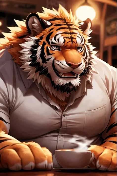 Human, cannon, male, Solitary, ((Round Face, The face is very round, Thick beard)), ((Short and fat body, handsome)), (Modern shirt), ((domestic tiger, tiger) hairy fur, hairy), (At the coffee shop), Bokeh, (High quality, high resolution, masterpiece), (Dy...