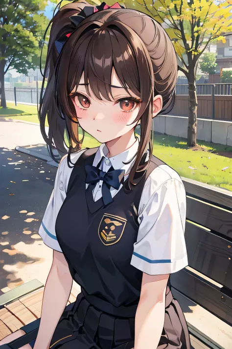 uniform,Park bench,slouch,Brown Hair,ponytail,Cute Girls, whole body,anime ,Ultra-high resolution, Anatomically correct, Textured Skin, retina, masterpiece, Anatomically correct, Textured Skin, Super detailed, Attention to detail, High image quality