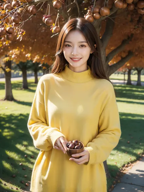 Best Quality　masterpiece　detailed　A very pretty woman is smiling and wearing a yellow cashmere sweater standing under a chestnut tree　The moment the chestnuts fall　Photo style　Fantasy　Dramatic Production　Fantasy